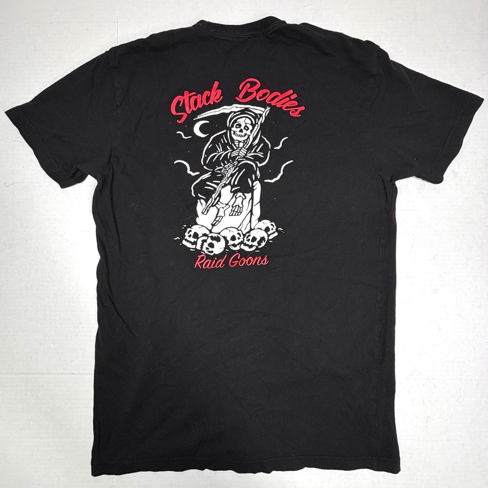 Raid Goons Stack Bodies Grim Reaper Skulls Graphic T Shirt Black Mens Medium EUC - Picture 6 of 6
